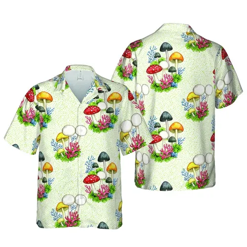 Hawaiian Red Capped Mushrooms Coral Fungi Olive Bell Cap Botanical Design Cream Ground Short-sleeve Hawaiian Shirt
