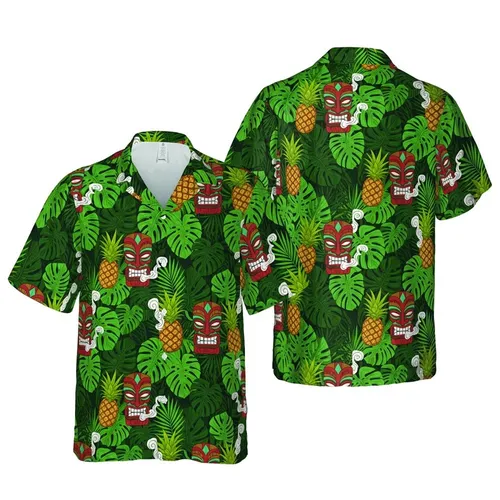 Polynesian Tiki Mask Pineapple Tribal Red Teal Brown Monstera Leaf Print Short-sleeve Hawaiian Shirt