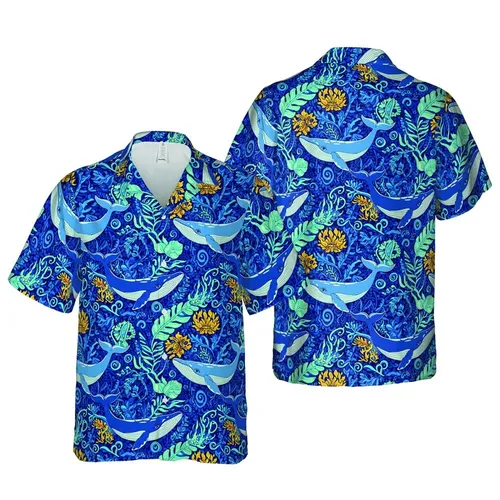 Hawaiian Blue Whale Flora Mosaic Design - Deep Ocean Cerulean Navy Aqua Teal Gold Short-sleeve Hawaiian Shirt