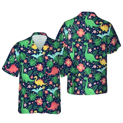 Cartoon Dinosaur Hawaiian Pattern Tropical Leaves Navy Floral Sublimation Design Short-sleeve Hawaiian Shirt