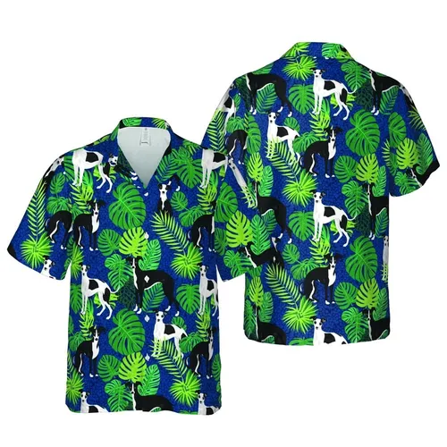 Italian Greyhound Tropical Hawaiian Dynamic Poses Black White Navy Teal Design Short-sleeve Hawaiian Shirt