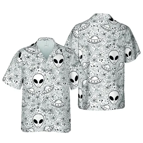 Space Explorer All-Over: Cartoon Alien Heads, UFOs, Planets, Black White Star Diamonds Short-sleeve Hawaiian Shirt