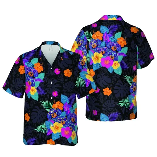 Dachshund Owner's: Sunglass Wiener Dogs, Fuchsia Hibiscus, Teal Tropical Foliage Mosaic Short-sleeve Hawaiian Shirt
