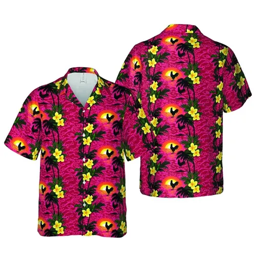 Tropical Rooster Hen Island Pattern: Sunset Ocean Palm Plumeria Crimson Magenta Short-sleeve Hawaiian Shirt