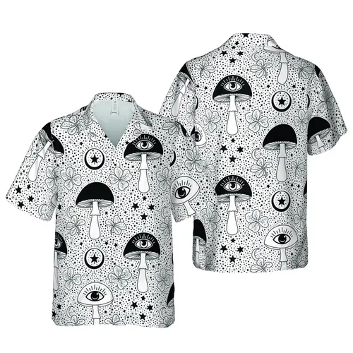 Hawaiian All-Seeing Eye Mushroom Trefoil Crescent Moon Star Black White Speckle Short-sleeve Hawaiian Shirt