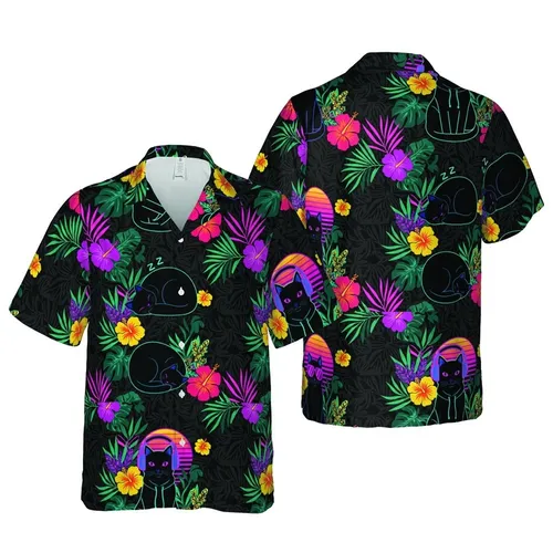 Black Cats Pink Sunglasses Hibiscus Palm Leaf Neon Purple Sublimation Art Short-sleeve Hawaiian Shirt