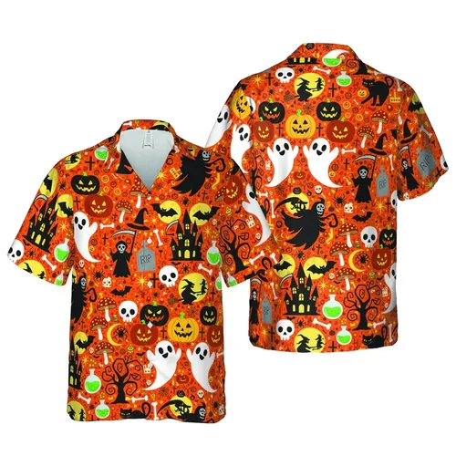 Spooky Hawaiian Fabric Print: Ghosts, Jack-O'-Lanterns, Reapers, Witches, Skulls, Bats Short-sleeve Hawaiian Shirt