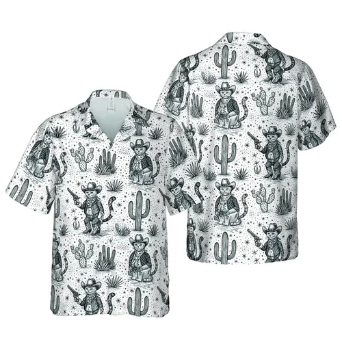 Cowboy Cat Hawaiian Pattern: Vintage Etching Desert Saguaro Cacti Stars Artwork Short-sleeve Hawaiian Shirt