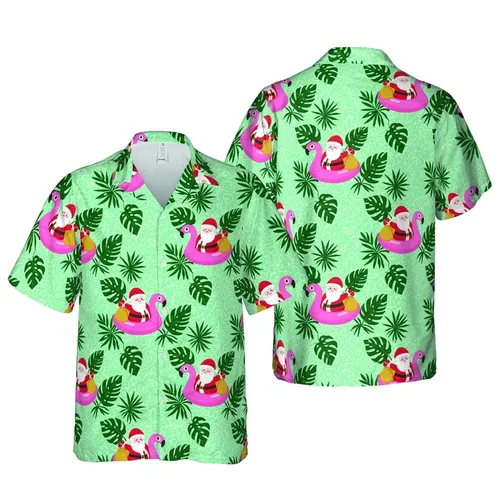 Festive Santa Flamingo Pattern: Tropical Leaves, Golden Gifts, Teal-Green Red Botanical Short-sleeve Hawaiian Shirt