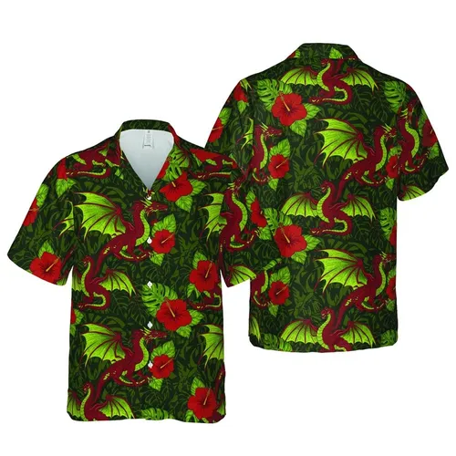Dragon Fantasy Pattern: Roaring Dragons, Red Hibiscus, Forest Green Foliage, 8K Resolution Short-sleeve Hawaiian Shirt