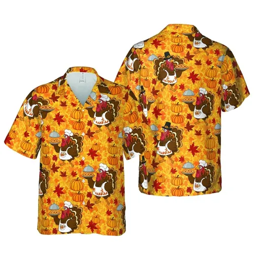Thanksgiving Turkey Hawaiian Foliage – Pumpkin Maple Leaf Culinary Scene Short-sleeve Hawaiian Shirt