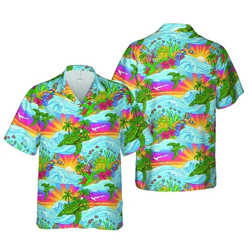 Green Sea Turtle Ocean Wave Tropical Island Dolphins Sunset Coral Reef Pattern Short-sleeve Hawaiian Shirt
