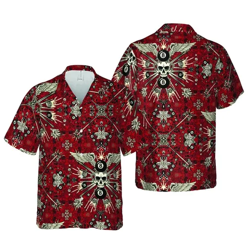 Billiards Player Hawaiian Skull Winged Eight Ball Fuse Pool Cue 8-Ball Starburst Mosaic Short-sleeve Hawaiian Shirt