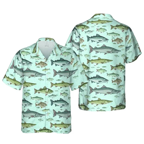 Hawaiian Fish Pattern: Realistic Sturgeon Pike Bass Salmon Catfish Aquatic Ripple Short-sleeve Hawaiian Shirt