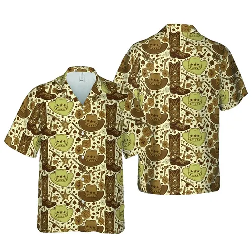 Tropical Cowboy Western Pattern: Hats, Boots, Revolvers, Badges, Guitars, Khaki Beige Brown Short-sleeve Hawaiian Shirt