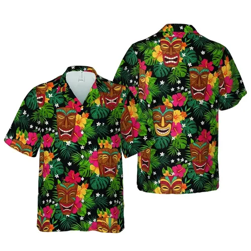 Hawaiian Carved Tiki Mask Pattern: Tropical Hibiscus Foliage Black Red Orange Yellow Teal Short-sleeve Hawaiian Shirt