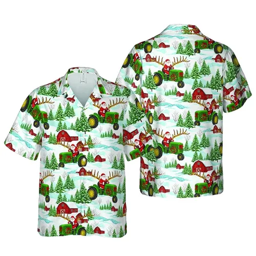 Santa Claus Farm Tractor Deer Antlers String Lights Wreath Snowy Barns Winter Landscape Short-sleeve Hawaiian Shirt