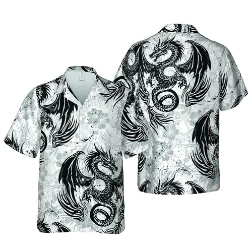 Hawaiian Dragon Motif: Black Coiled Dragons, Ink Splatter Tribal, High Contrast Sublimation Fabric Short-sleeve Hawaiian Shirt