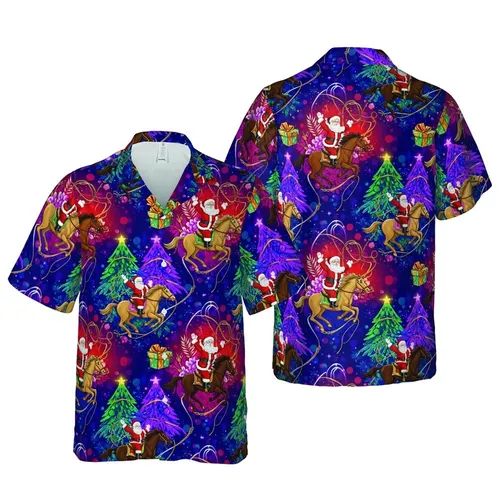 Santa Claus Horse Riding Lasso Christmas Tree Present Cosmic Hawaiian Fabric Short-sleeve Hawaiian Shirt