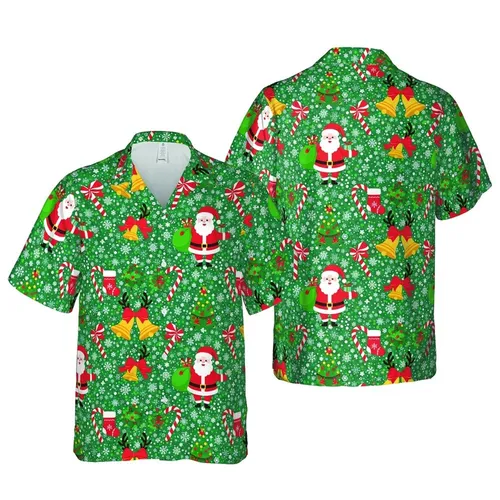 Christmas Fan Hawaiian Santa Reindeer Elf Stocking Tree Holly Bell Motif Short-sleeve Hawaiian Shirt