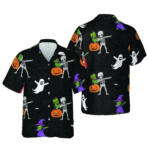 Halloween Dabbing Vampire Skeleton Zombie Witch Ghost Hawaiian Textile Print Short-sleeve Hawaiian Shirt