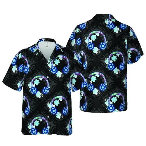 Gamer Headphone Electric Blue Earcup Multi-Color LED Palm Hibiscus Black Mosaic Textile Short-sleeve Hawaiian Shirt