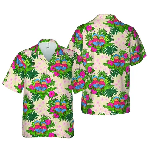 Ginger Cat Cowboy Hat Alligator Ride, Emerald Green Palm Hibiscus Plumeria Botanical Scene Short-sleeve Hawaiian Shirt