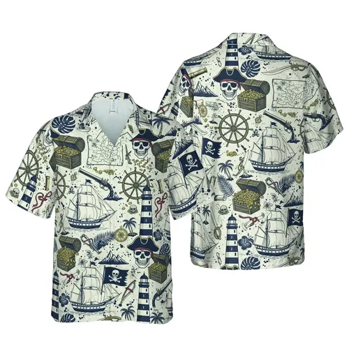 Pirate Skulls Ships Lighthouse Island Treasure Compass Distressed Off-White Navy Grey Short-sleeve Hawaiian Shirt