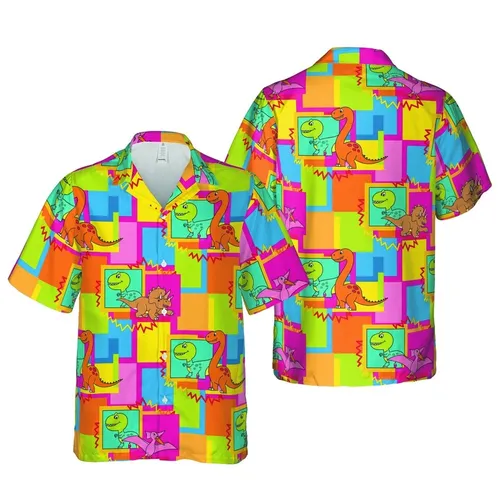 Dinosaur Hawaiian T-Rex Stegosaurus Triceratops Geometric Blue Pink Orange Short-sleeve Hawaiian Shirt