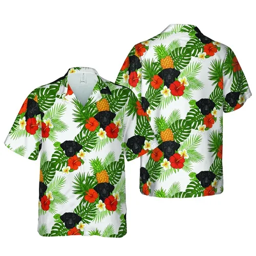 Black Labrador Pineapple Tropical Monstera Palmetto Hibiscus Pattern Fabric Weave Short-sleeve Hawaiian Shirt