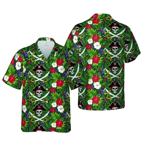 Pirate Skull Tricorn Hat Cutlass Hawaiian Tropical Foliage Hibiscus Anchor Design Short-sleeve Hawaiian Shirt
