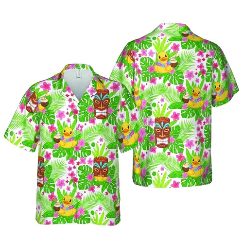 Cartoon Yellow Duck Coconut Lei Tiki Mask Tribal Monstera Plumeria Hawaiian White Pattern Short-sleeve Hawaiian Shirt