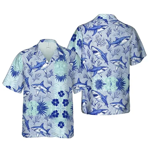 Hawaiian Dark Blue Sketch Shark Marine Dots Pattern White Navy Light Blue Slate Short-sleeve Hawaiian Shirt