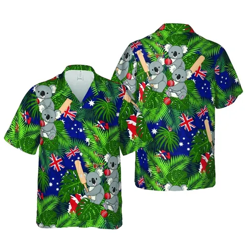 Koala Cricket Hawaiian Tropical: Australian Flag Elements, Monstera Leaves, Palm Fronds Short-sleeve Hawaiian Shirt