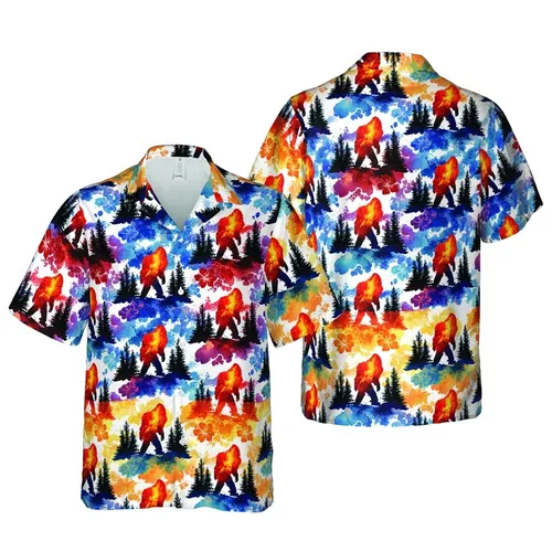 Sasquatch Hawaiian Forest Watercolor Tile: Seamless Pine Fir, Fiery & Blue Hues Short-sleeve Hawaiian Shirt