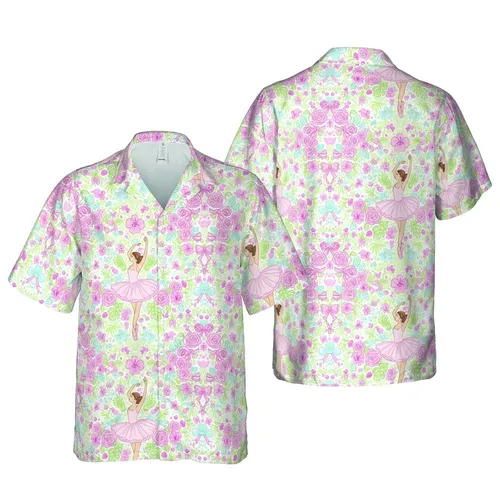 Ballerina Rose Hawaiian Print: Detailed Tropical Floral Design, Hearts Ribbons Bows Short-sleeve Hawaiian Shirt