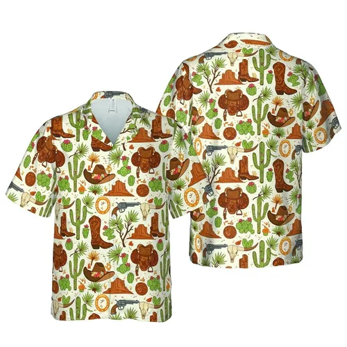 Western Desert Cowboy Hat Boot Revolver Steer Skull Saguaro Cactus Mesa Lariat Pattern Short-sleeve Hawaiian Shirt