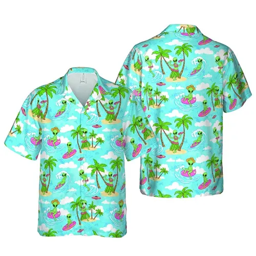 Light Green Alien Surfing Hula Palm Tree Ocean Beach Flamingo Saucer Pattern Short-sleeve Hawaiian Shirt