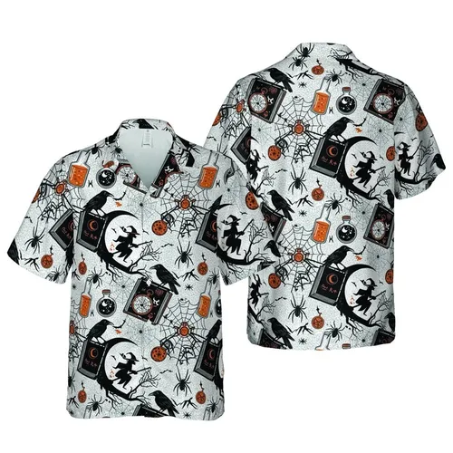 Witch Broom Raven Spider Skull Spellbook Intricate High Contrast Textile Design Short-sleeve Hawaiian Shirt