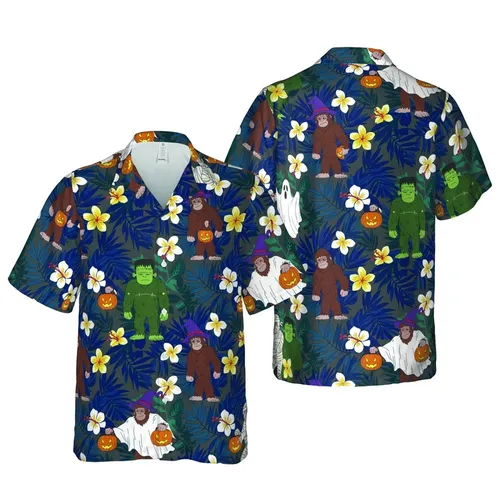 Sasquatch Fan Hawaiian Pattern: Mummy Ghost Witch Frankenstein Tropical Foliage Short-sleeve Hawaiian Shirt