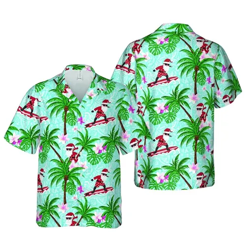 Santa Claus Surfing Hawaiian Pattern Fabric: Star Shorts, Frangipani Palm, Water Ripple Short-sleeve Hawaiian Shirt