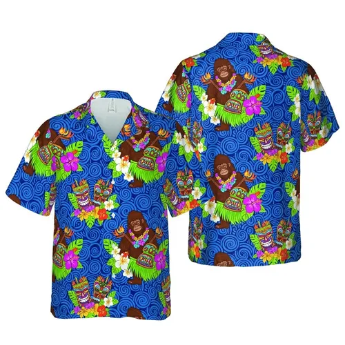 Hawaiian Bigfoot Tiki Mask Grass Skirt Lei Hibiscus Ocean Wave Fabric Design Short-sleeve Hawaiian Shirt