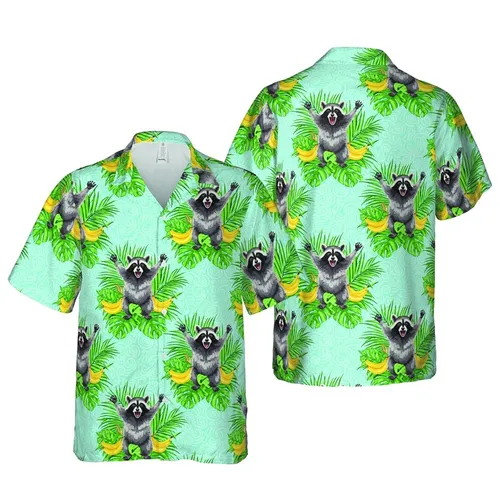 Realistic Raccoon Banana Palm High Contrast Hawaiian Aqua Blue Textile Design Short-sleeve Hawaiian Shirt
