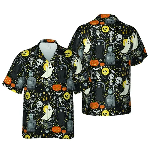 Hawaiian Jack-o'-lantern Skulls Ghosts Witches Reapers Bats Tombstones Pattern Short-sleeve Hawaiian Shirt