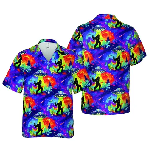 Bigfoot Peace Sign UFO Cosmic Nebula Hawaiian Tropical Mountain Horizon Short-sleeve Hawaiian Shirt