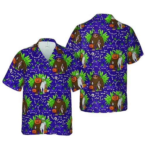Bigfoot Halloween Trick-or-Treat Mummy Witch Pirate Zombie Hawaiian Leaf Bone Design Short-sleeve Hawaiian Shirt