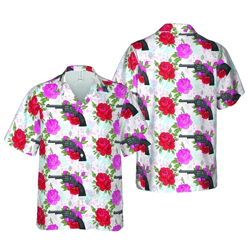 Dark Grey Revolver Pink Rose Peony Diamond Botanical Light Blue Watercolor Pattern Short-sleeve Hawaiian Shirt