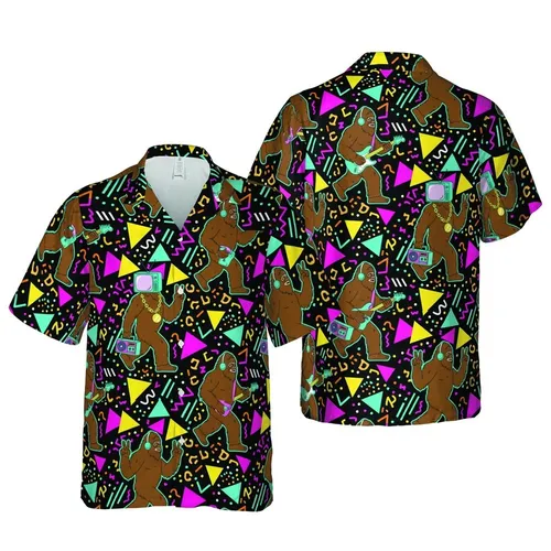 Sasquatch Hawaiian Pattern: Guitar, Fanny Pack, Boombox, TV Head Figures, 80s 90s Memphis Geometric Short-sleeve Hawaiian Shirt