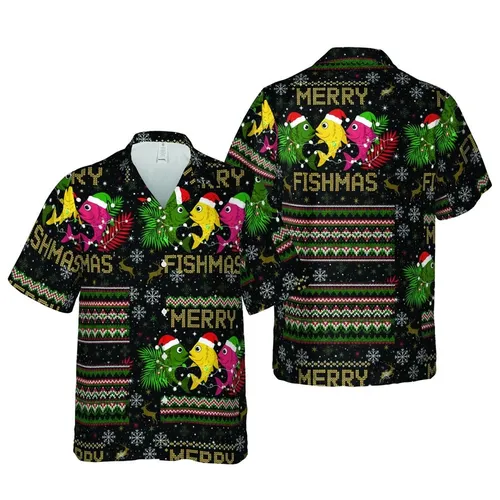Hawaiian Fishmas Pattern: Santa Hat Game Fish, String Lights, Snowflakes, Reindeer Short-sleeve Hawaiian Shirt