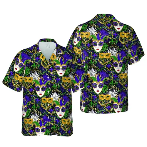 Mardi Gras Jester Mask Hawaiian Gold Green Purple Fleur-De-Lis Bead Fabric Print Short-sleeve Hawaiian Shirt